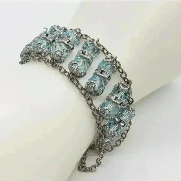Vintage Ladder Bracelet 925 Sterling Silver Blue Crystal Clear Rhinestone Wide - Picture 1 of 12